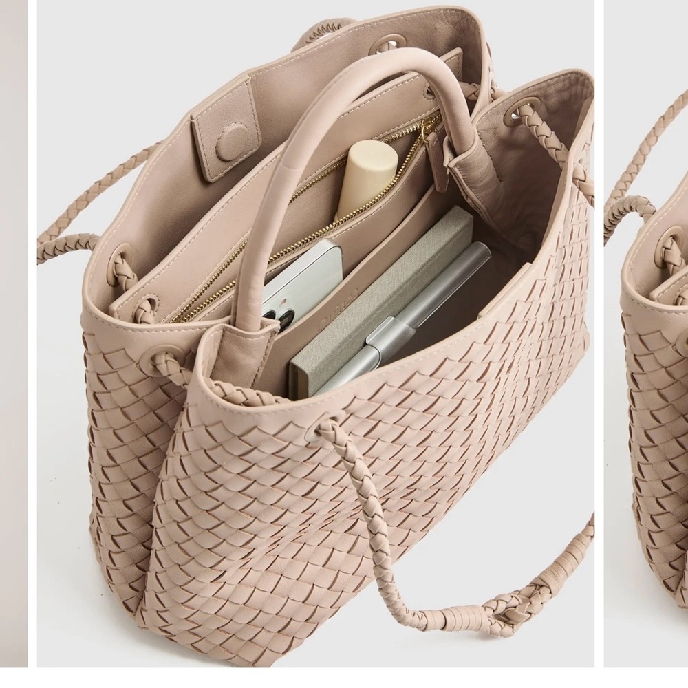 Quince Italian Leather Hand Woven Satchel in Taupe - Picture 2 of 12